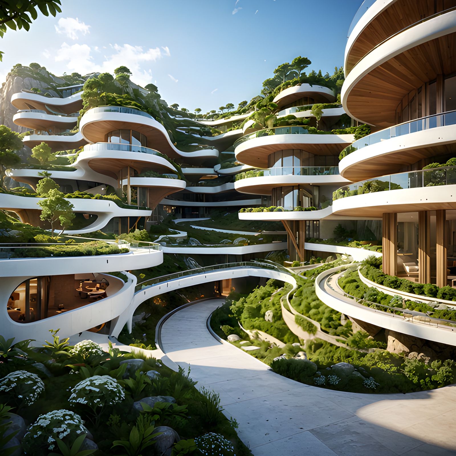 futuristic, multi-level urban complex nestled in a mountaino...