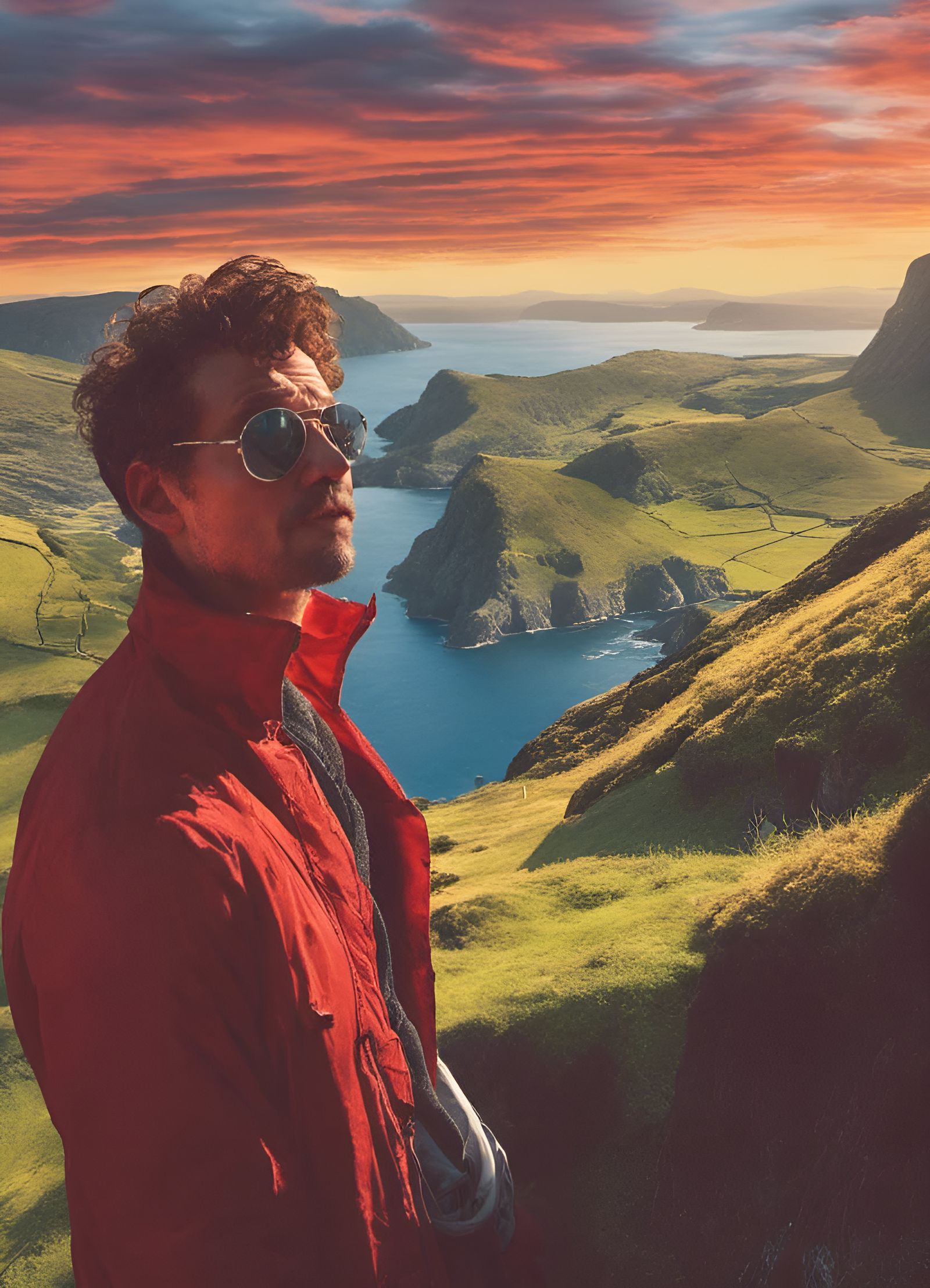 A man in aviator sunglasses and a red windbreaker is taking ...