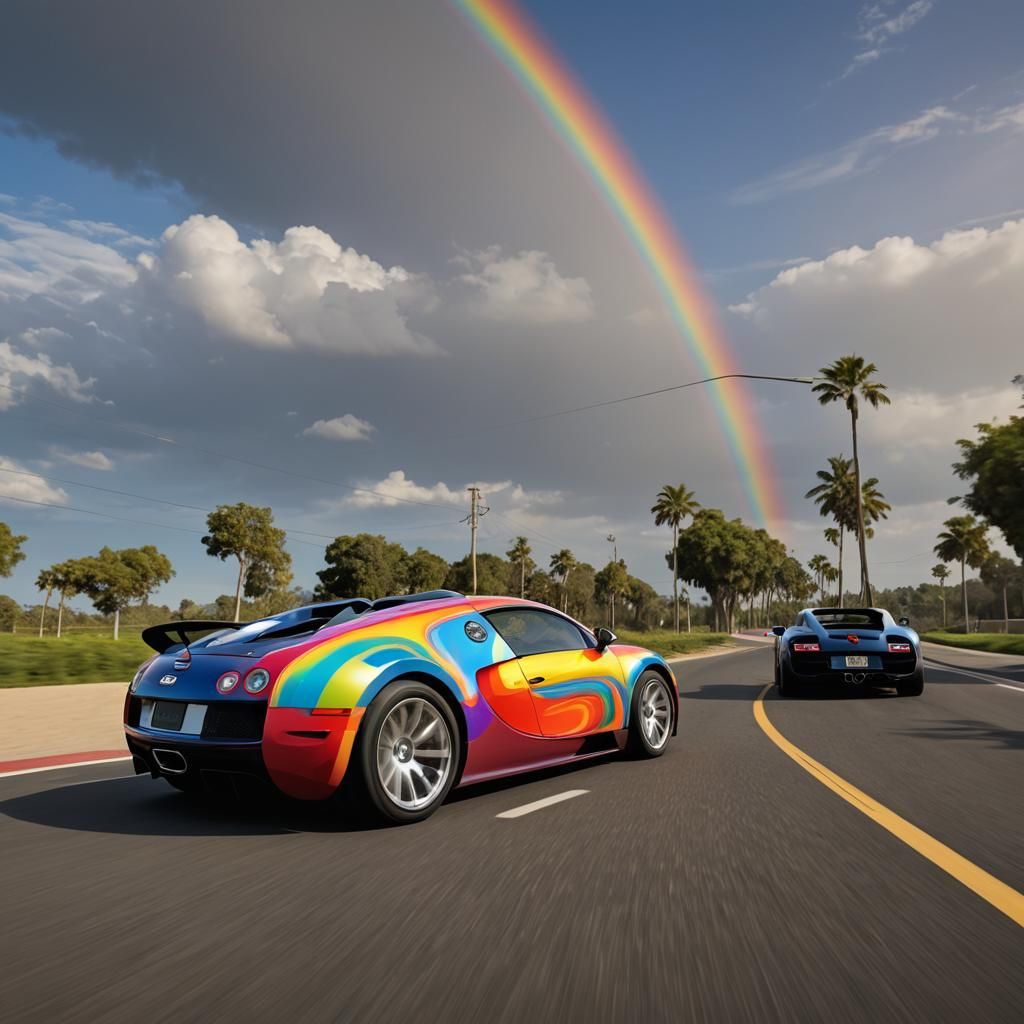 Full shot long shot wide shot digital art of a 2011 Bugatti Veyron driving along Rainbow Road from Mario ...  by @Joel S