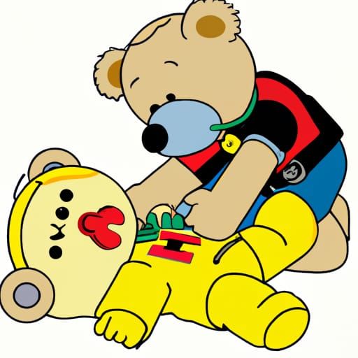 A teddy bear performing CPR on a doll in a style of 1990s ca...
