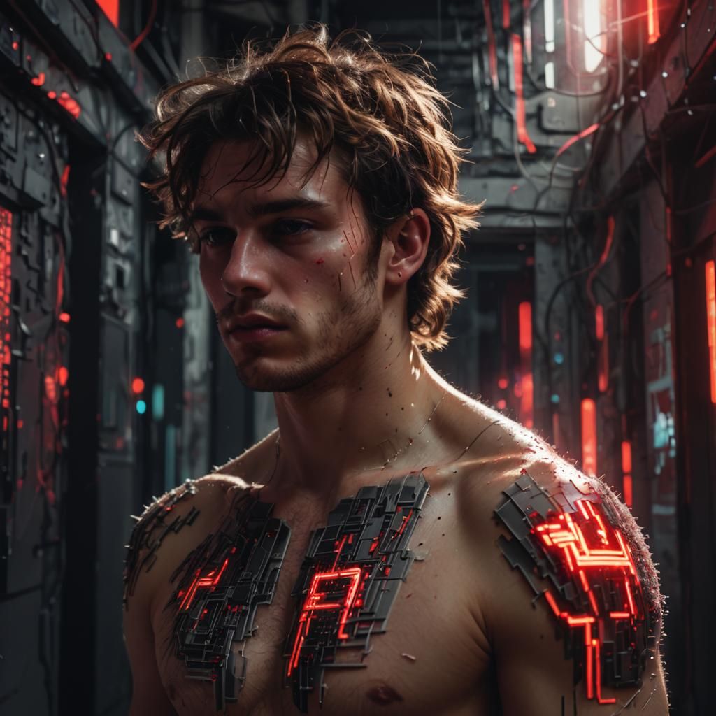 A scruffy young man shirtless, with pixelated neofuturistic ...