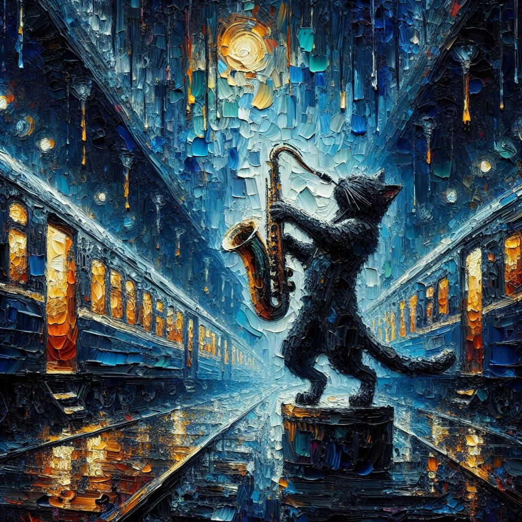 palette knife oil painting, brush strokes, low angle looking up of a black cat playing jazz, playing ...  by @Summerchild
