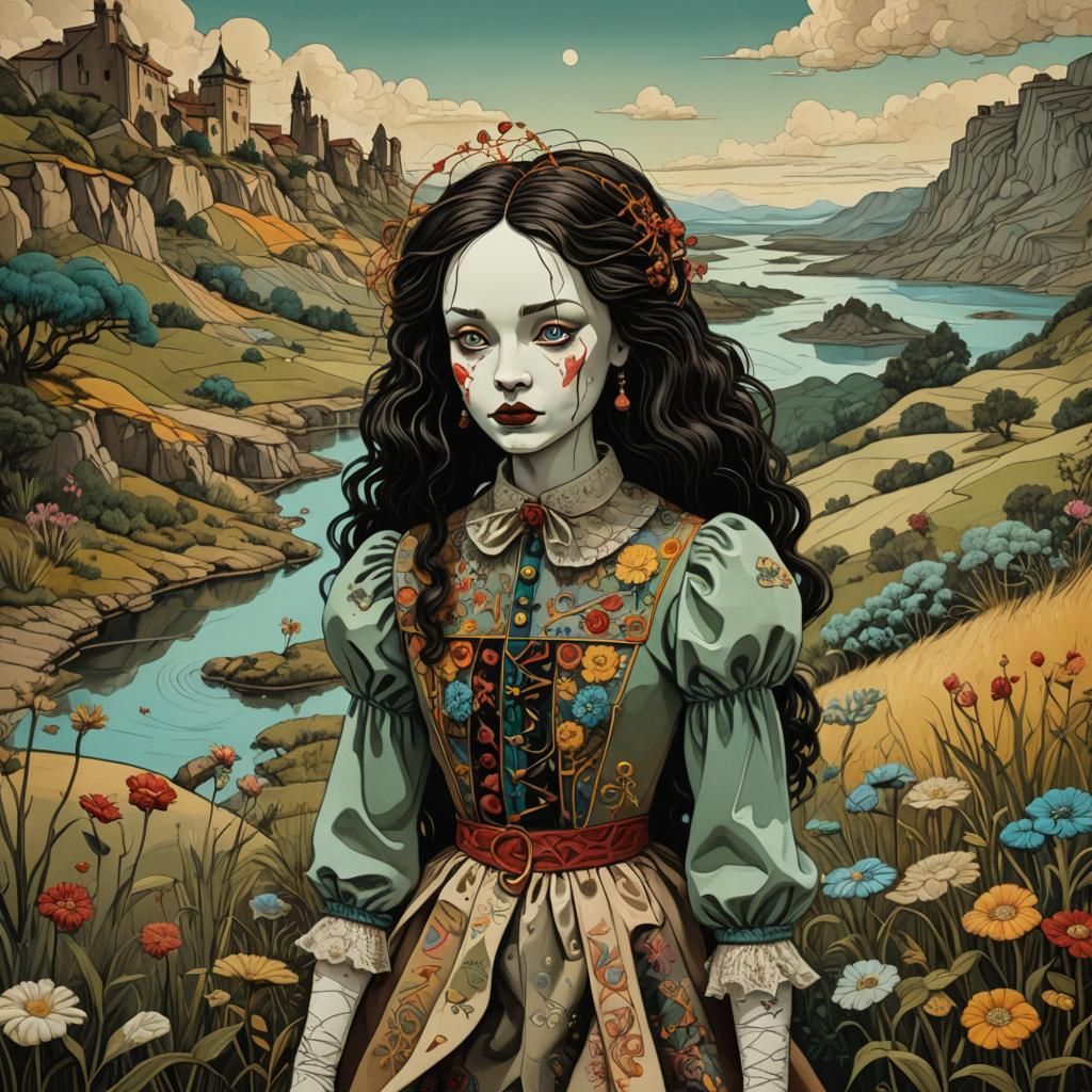 an OtherworldlyVintage-inspired rag doll with embroidered features in a Dali-esque landscape with a surreal sense of sur...