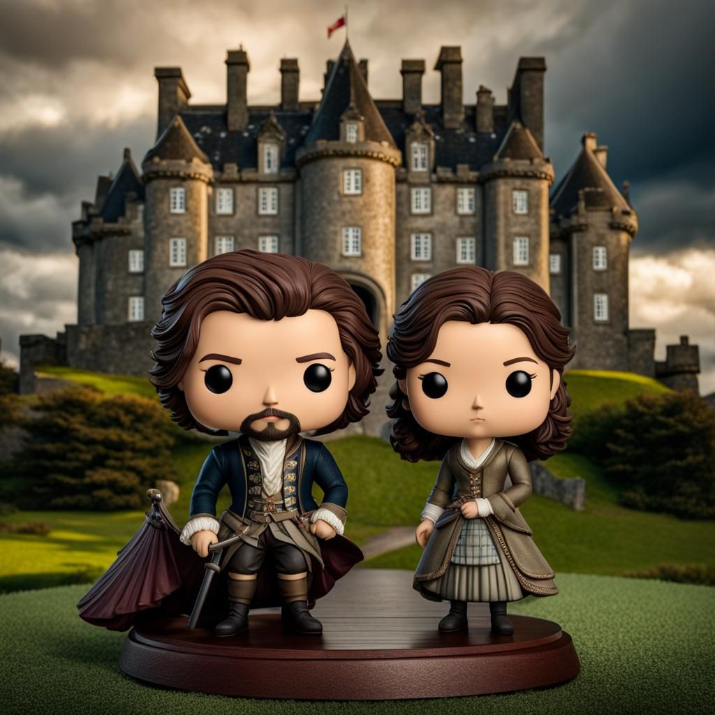 Bobble head Jaime and Claire Fraser from outlander in front of a Scottish castle intricate details, HDR, ...  by @Witty Dragon