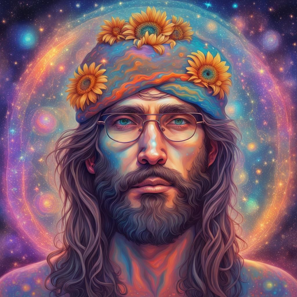 Portrait of a hippie guy 8k resolution holographic astral co...