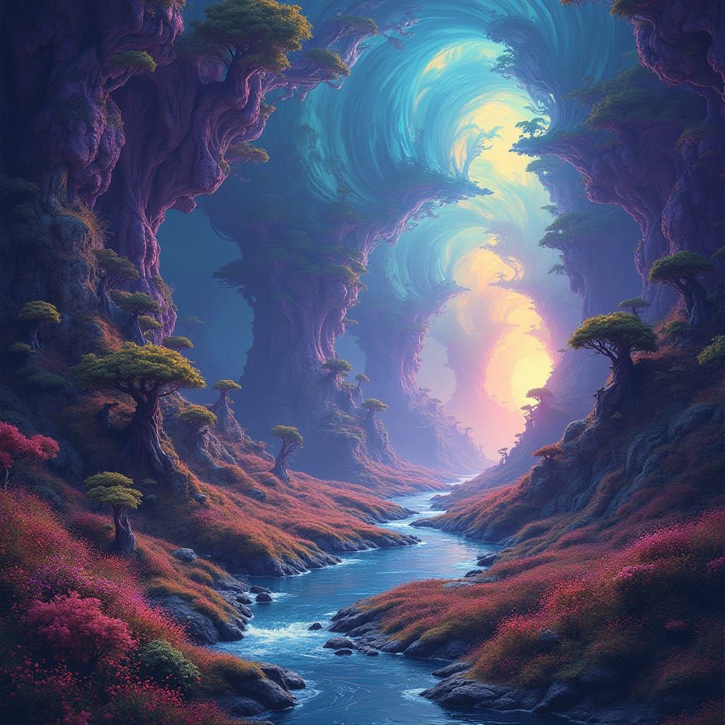 Dreamlike Fantasy Realm in Vibrant Hues and Swirling Pattern...