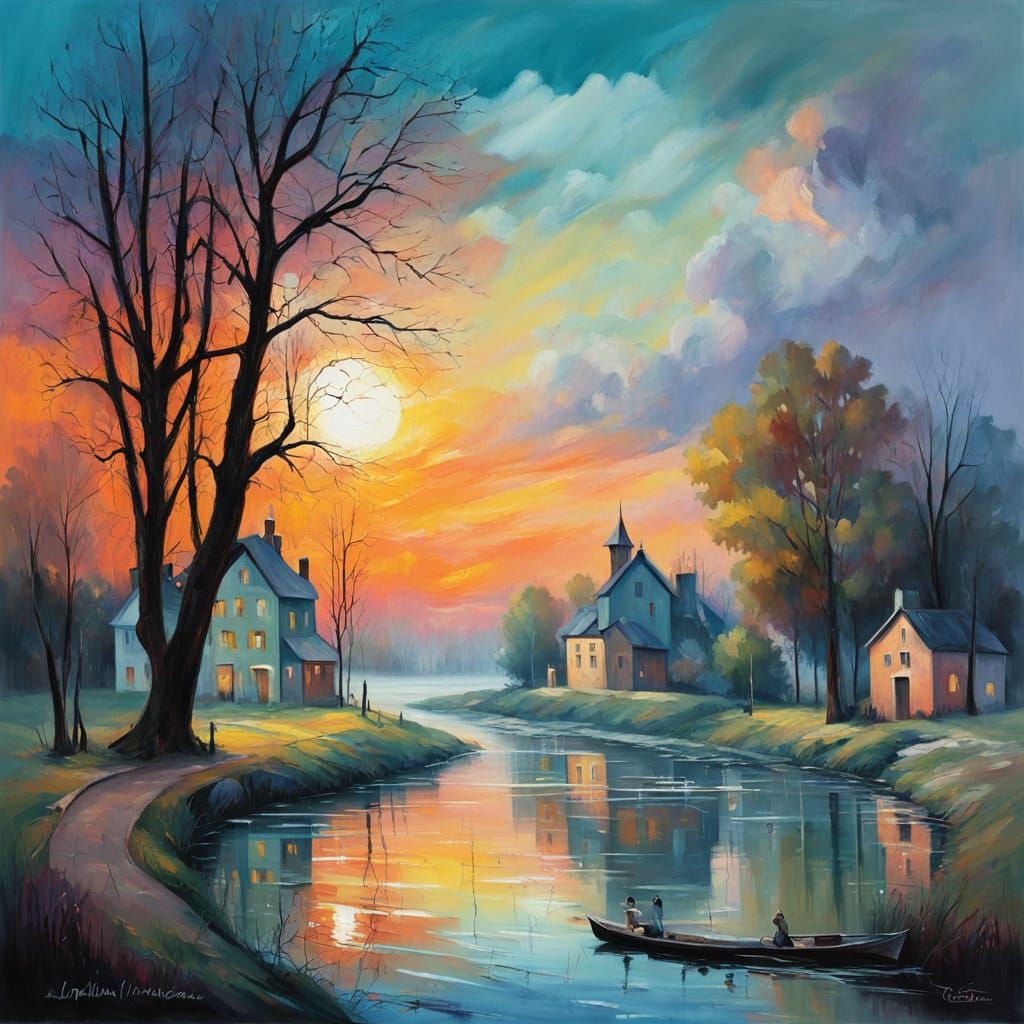 Dreamy color, allegory style, (art style by Casey Bo: 1.1), painting of a nostalgic village with lots of old houses, trees, and entire stree...