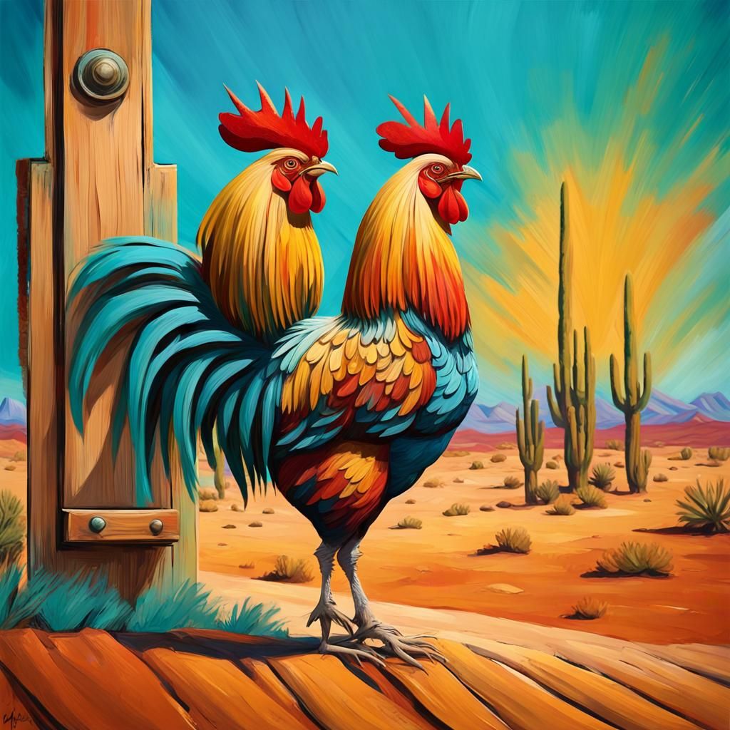 Rooster in Desert Landscape, Southwestern Folk Art