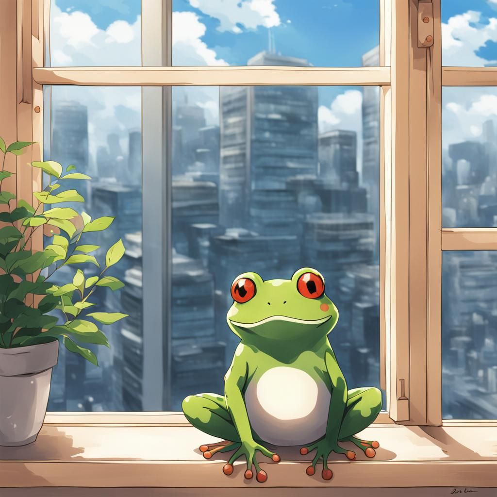 a cute small frog sitting on a windowsill
