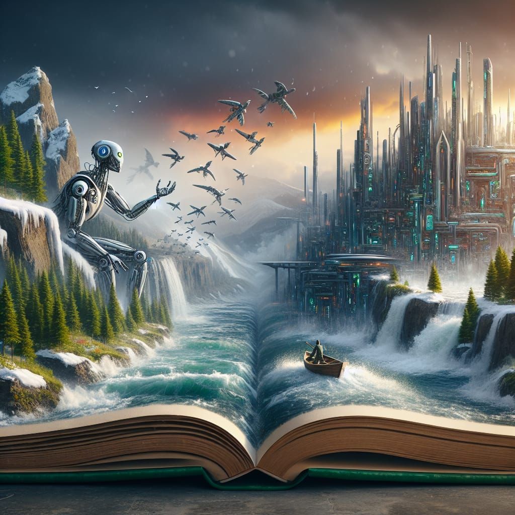 Pages transformed into landscapes, cyborg modern city  by @Adamka