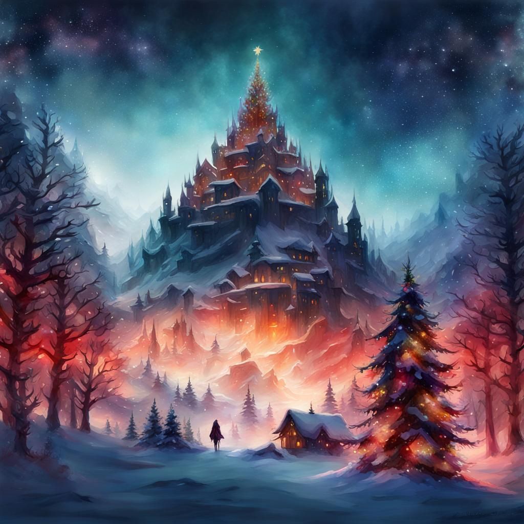 Fantasy Christmas Double Exposure Watercolor Silhouette