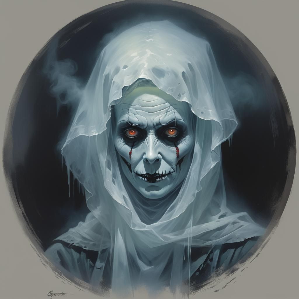 Ghost portrait, misty transparent, attic 