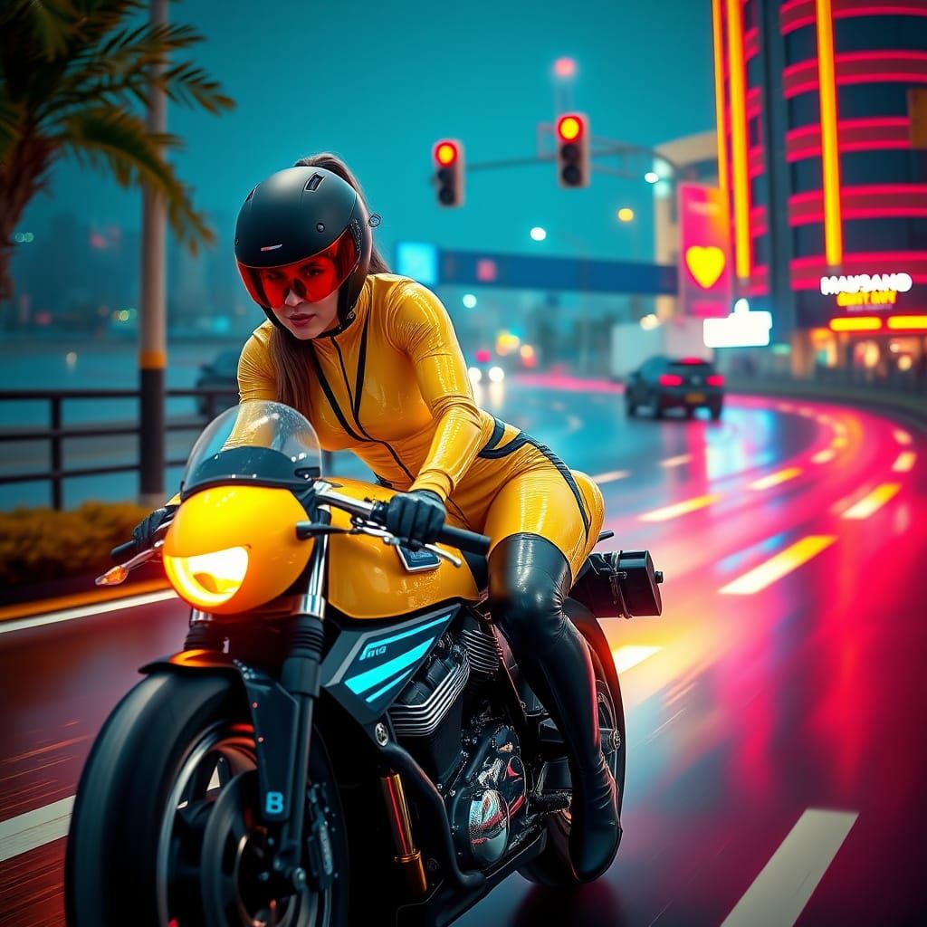 Futuristic Biker Woman Speeds Through Neon-Lit Cityscape