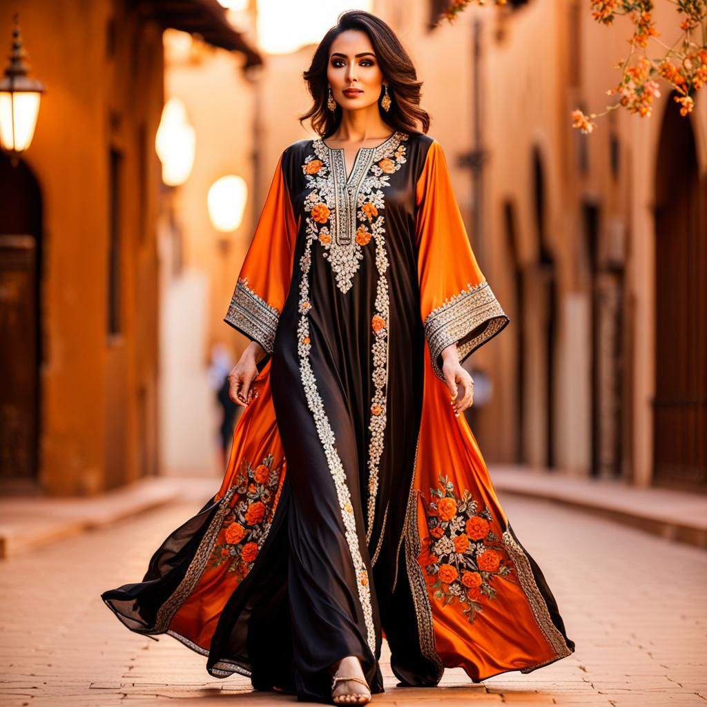 Elegant Moroccan woman wearing long black brown orange silve...