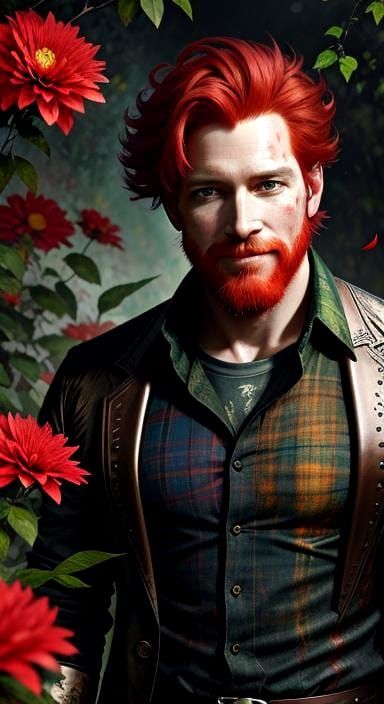 A handsome man of 36 years old, red hair, manly face, deep gaze, mischievous smile, lowered beard, plaid ...  by @Hugo Raul