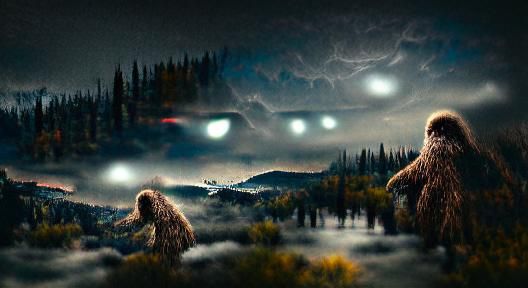 Sasquatch sighting with UFO in night sky, Epic cinematic brilliant ...