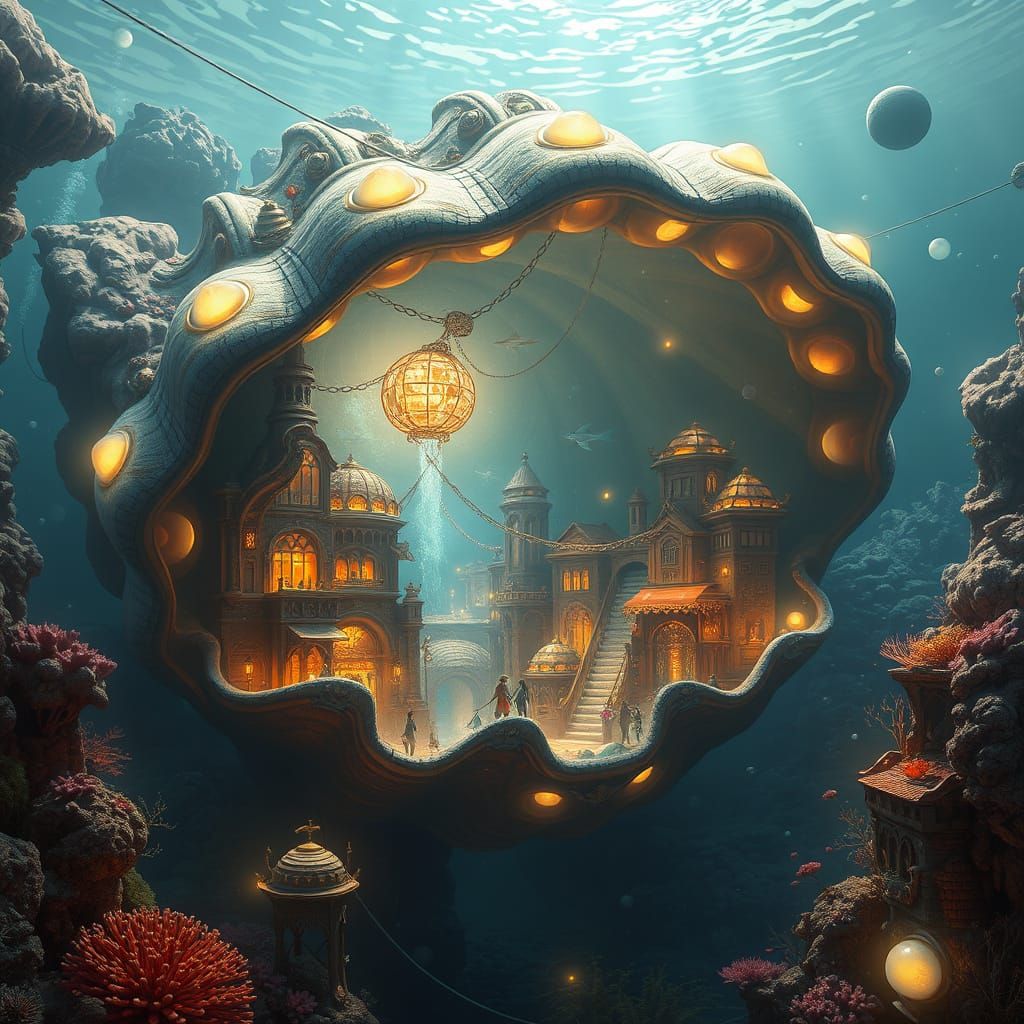 Imagine a bustling underwater city built within a giant, bioluminescent clam shell. Buildings are constructed ...  by @Elviira 
