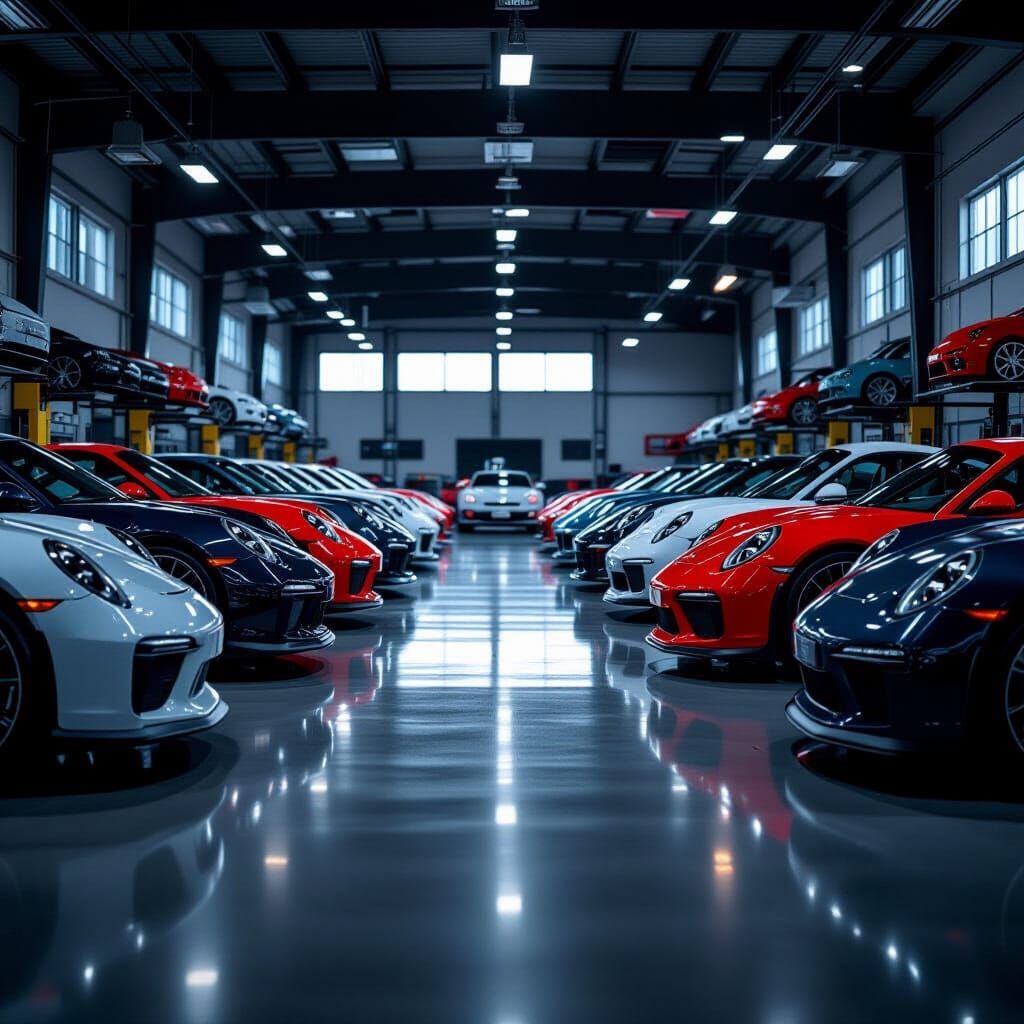 Cars in a Bustling Garage Cinematic Film Still