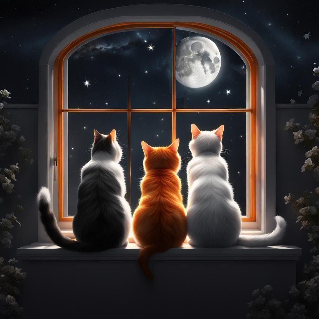 Three cats sitting upright, one orange tabby, one black and white, one white seated inside a large window and looking up at the stars.