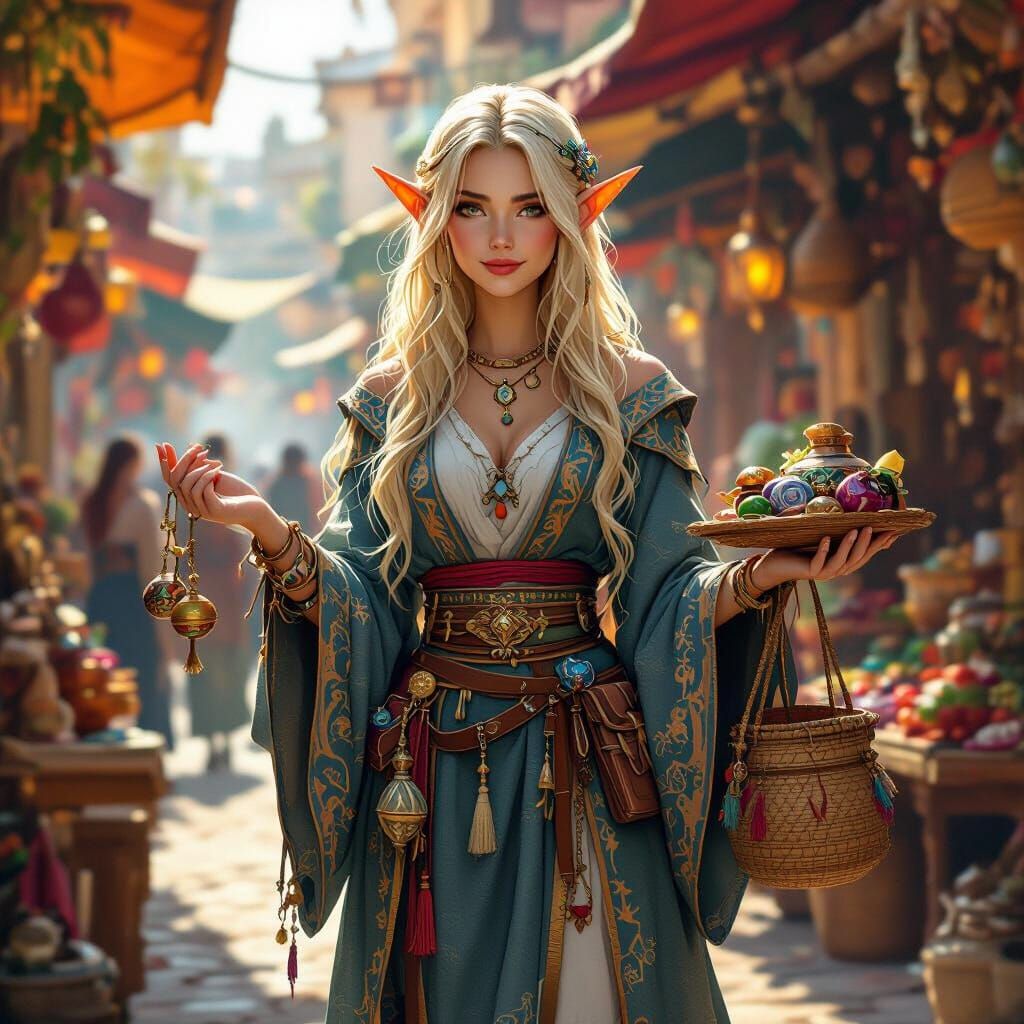 Blond Longhair Female Elf Merchant  by @undefined