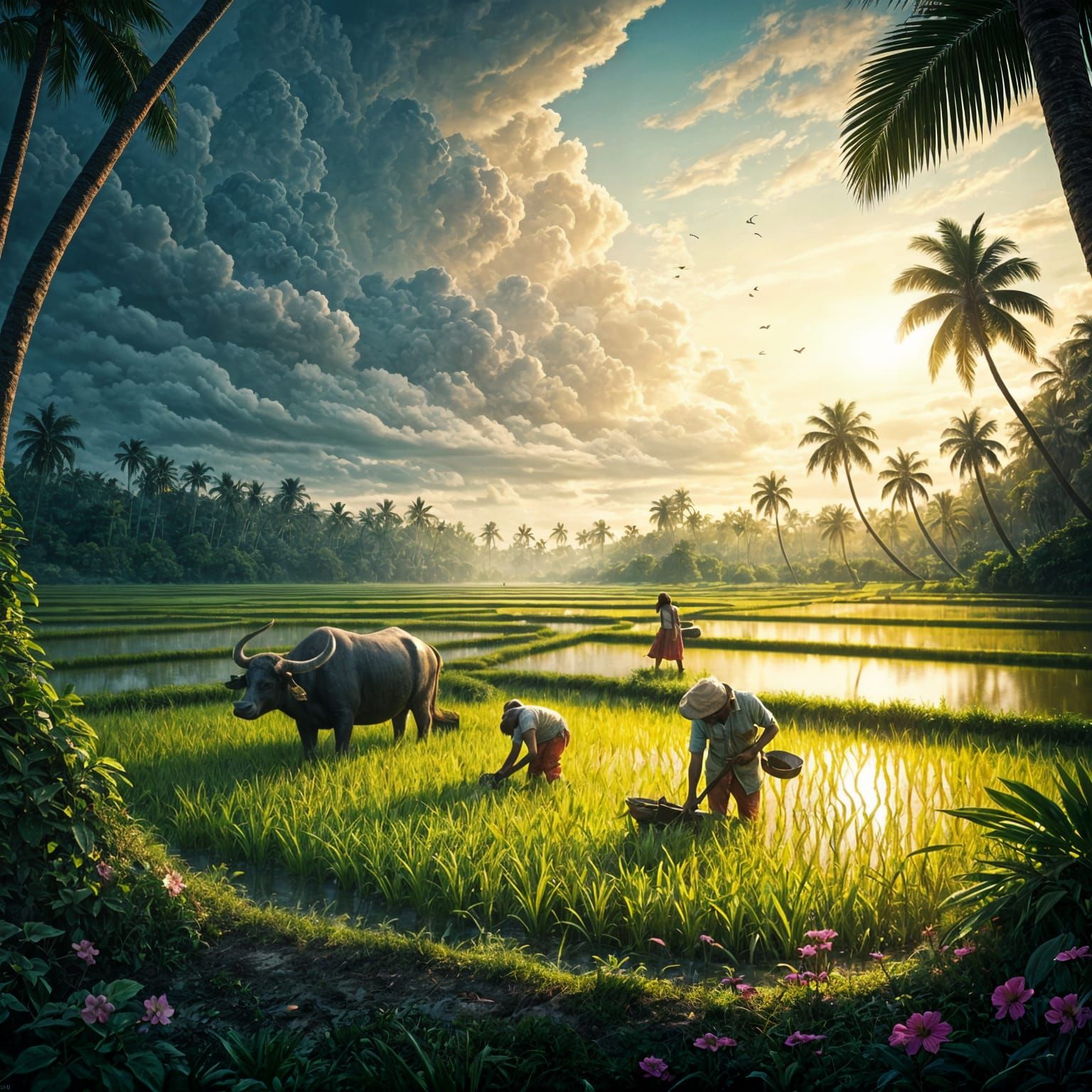 No-Theme Thursday: Kerala: Green paddy fields stretch endlessly under a cloudy monsoon sky in Kerala  by @nishinishand