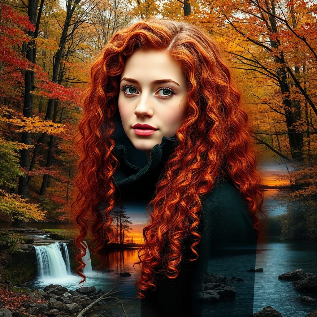 Lilith with long curly Red hair, an autumn forest 