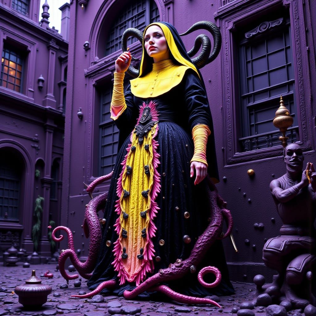 Sacripunk Nun with Horns and Talons in Neon Glow