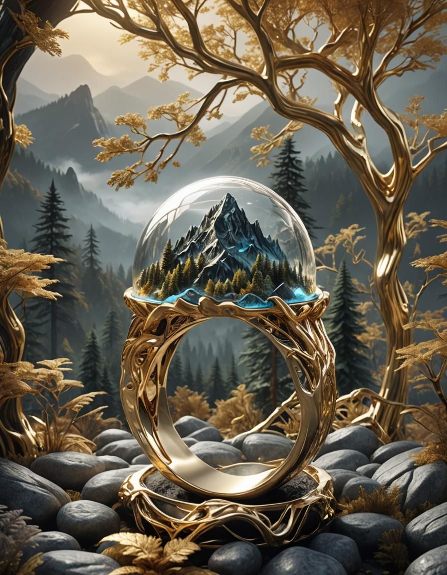 Smoky Mountains in Glass Dome on Gold Ring