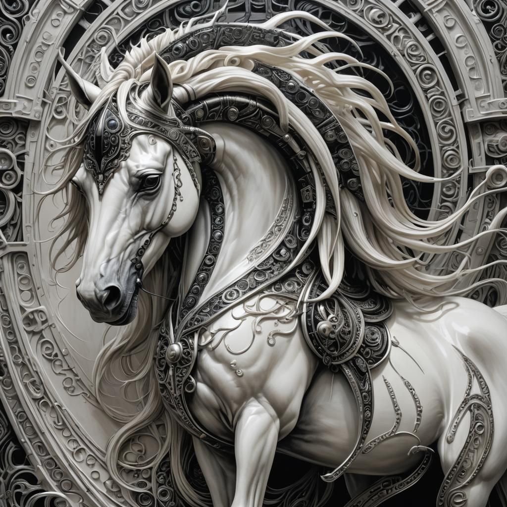 White horse shiny long flowing mane and tail with black trib...