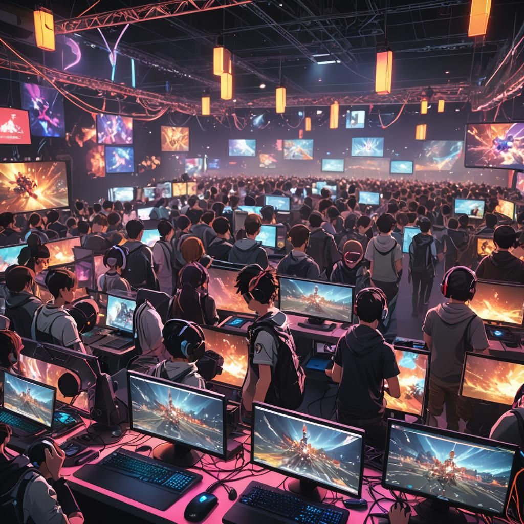 Viele Onlinegamer spielen an schreibtischen bei einer Riesenparty auf einer Messe mit verspielten farbenfrohen hintergrund
