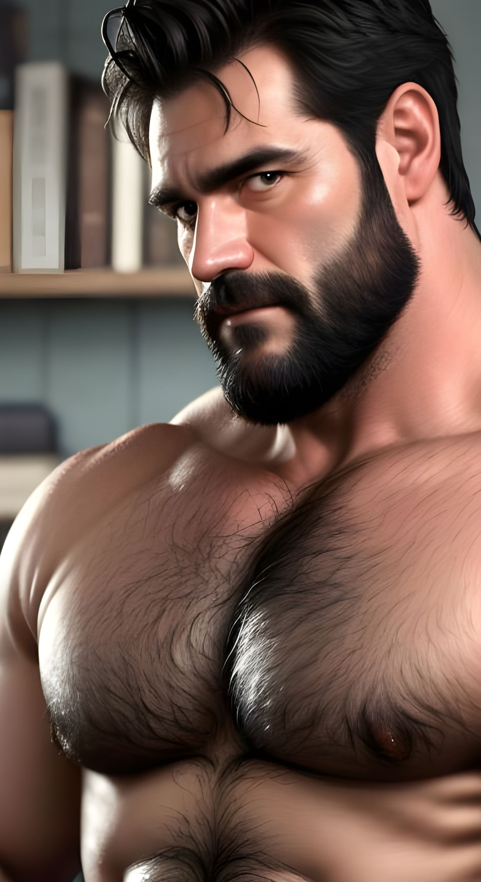 The romantic book cover features a close-up of a shirtless, middle-aged man's hairy and robust chest, radiating a sense ...