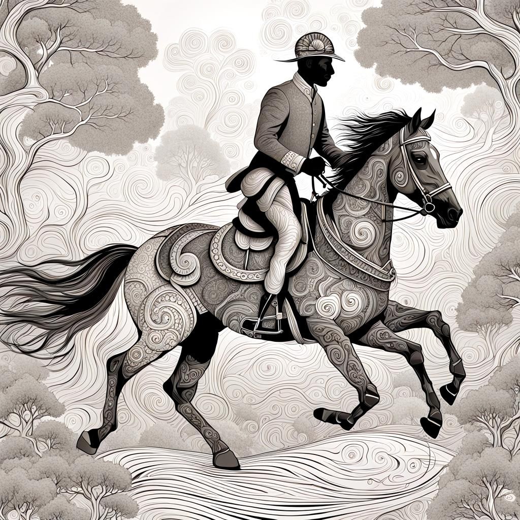 a horse with an Indian rider on its back gallops through an ...