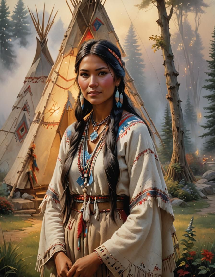 A beautiful young American Indian woman In front of a Teepee...