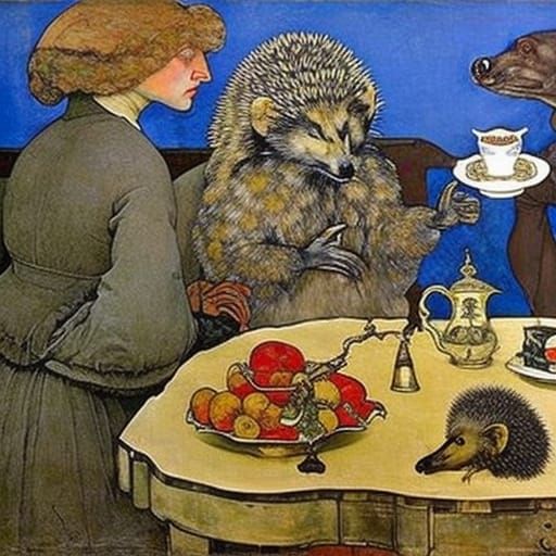 Giant hedgehog drinking tea with the huge and beautiful ghos...