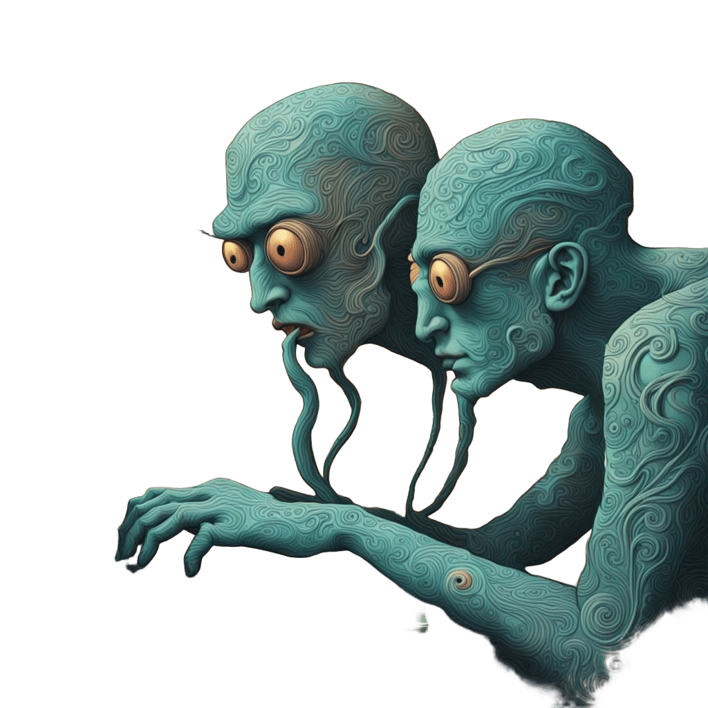 show a small group of a few tiny adorable, big-eyed, ugly cute and nerdy monsters gazing at a laptop screen displaying a meta, infinity imag...