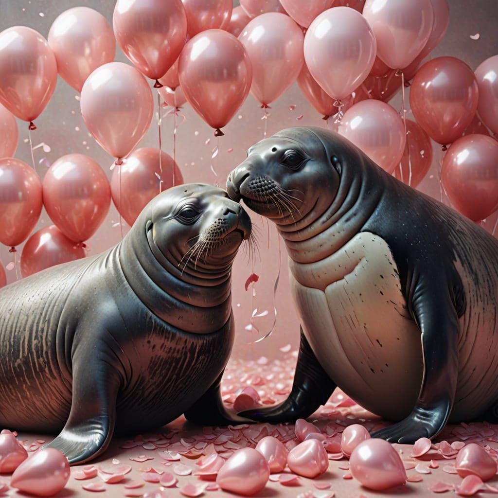 Ethereal Elephant Seal and Penguin Couple in Dreamy Pastel H...