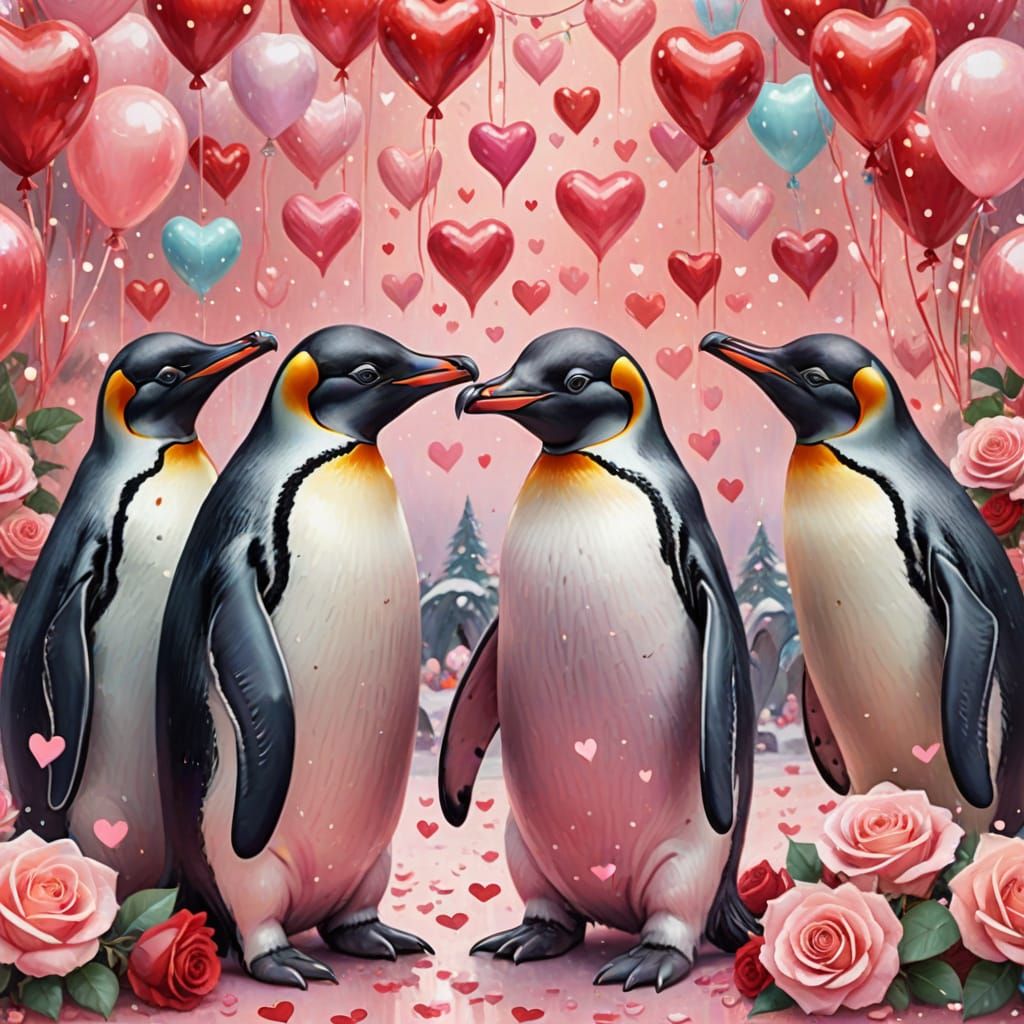 Whimsical Penguins in Love Amidst Valentine's Day Decoration...