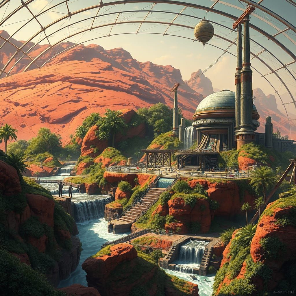 picture a solarpunk settlement located inside a massive biodome on Mars, with lush vegetation, waterfalls, ...  by @Monty