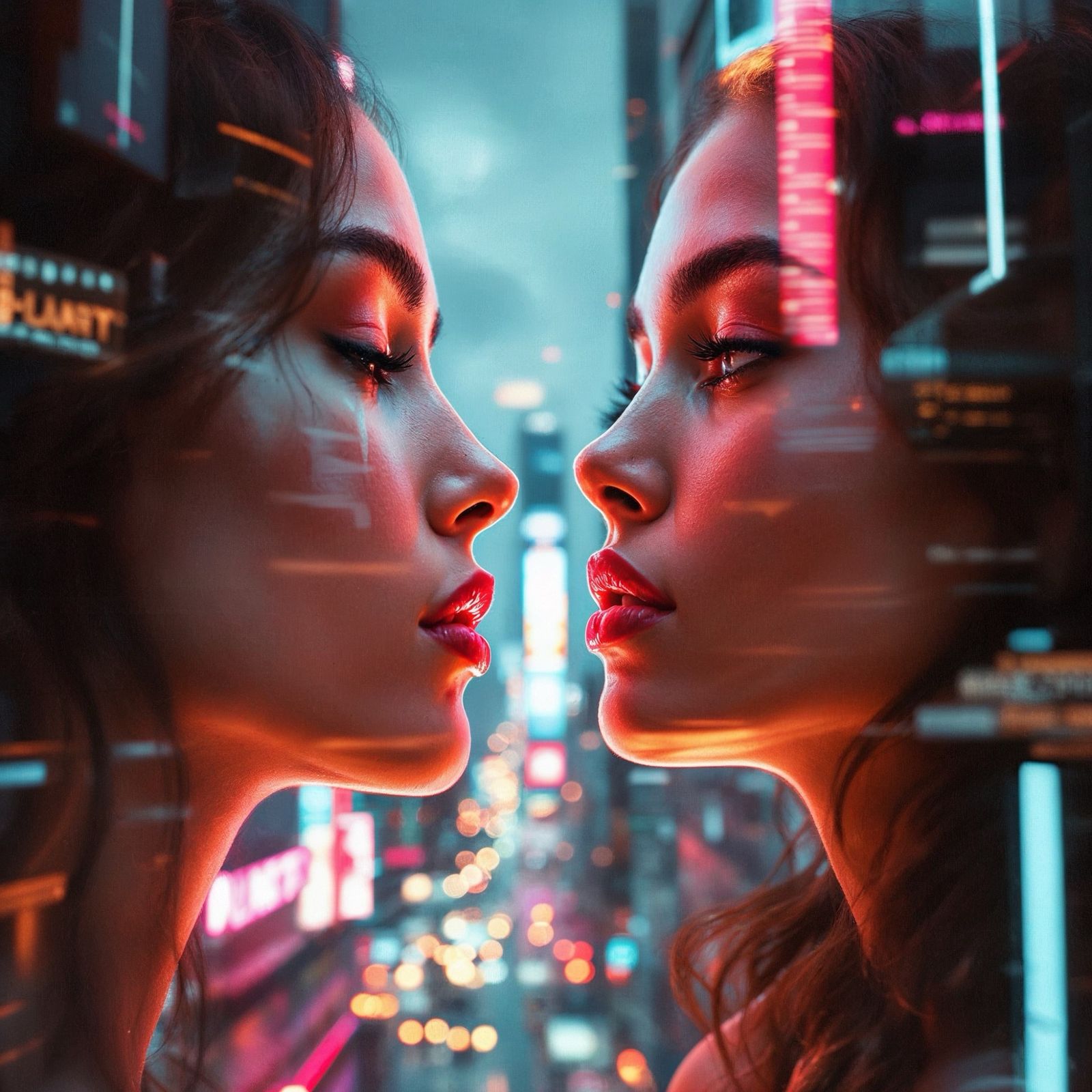 Digital Reflections - Duality in a Neon Cityscape