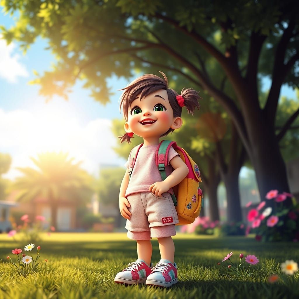 Radiant Girl in Lush Schoolyard Fantasy Art