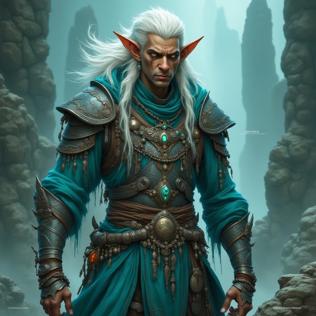 <lora:DnD CharGen Flux:1.0>
Dark skin Elf with white hair Male Warlock in the style of <DnD>