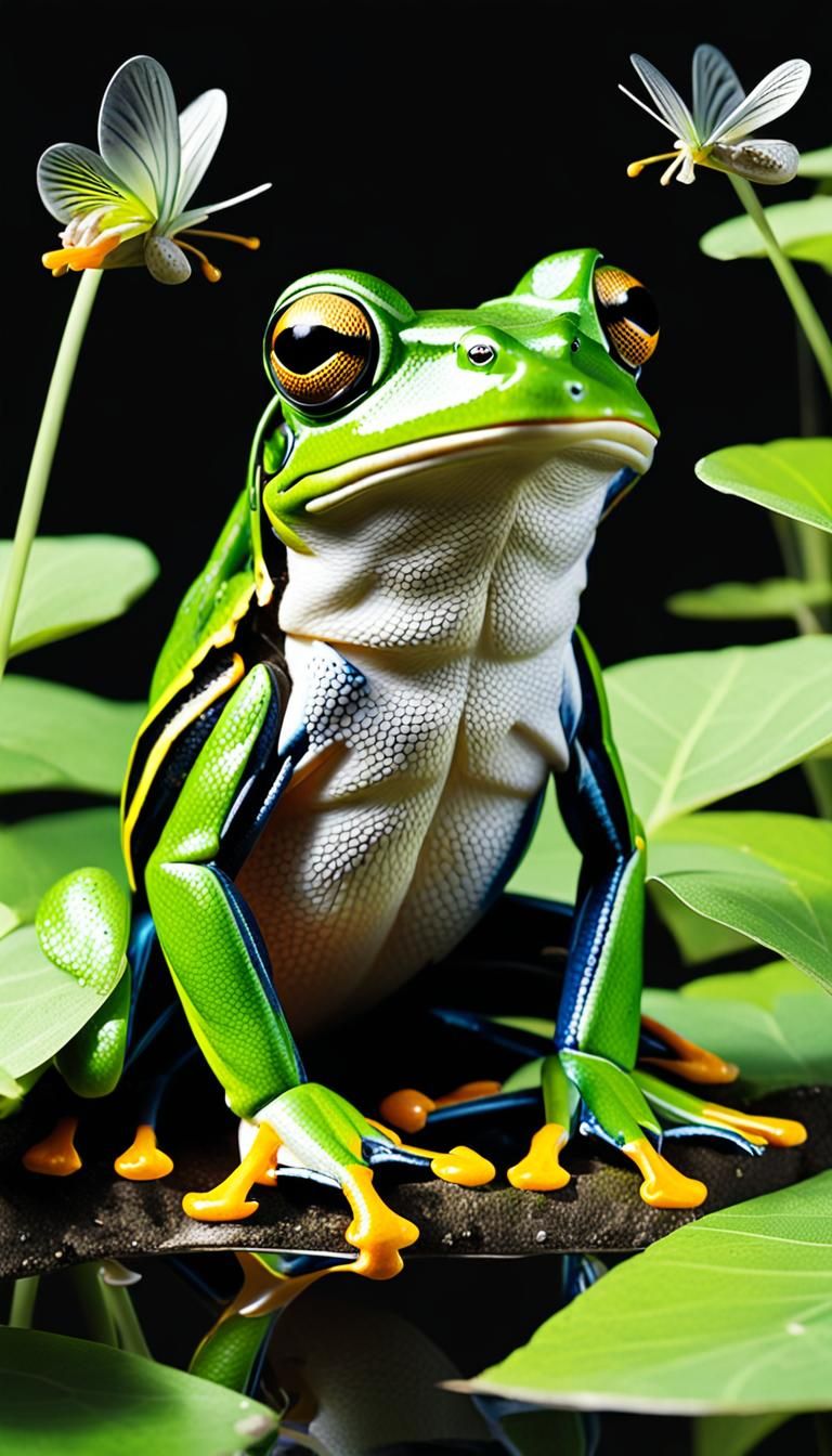A vivid representation of a green frog  with fairy wings nes...