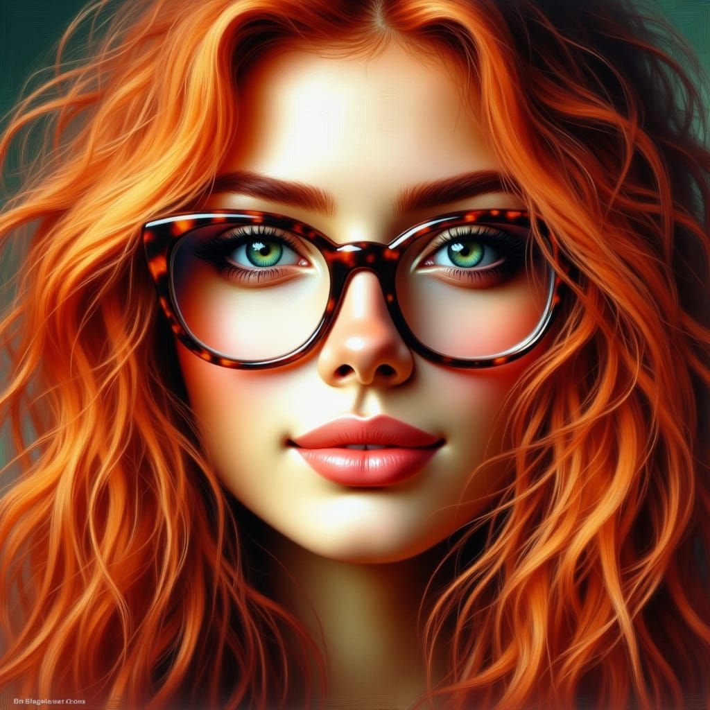 Frontclose-up of a young woman smiling at the camera. She is wearing glasses and she reaches up with one finger and tilt...