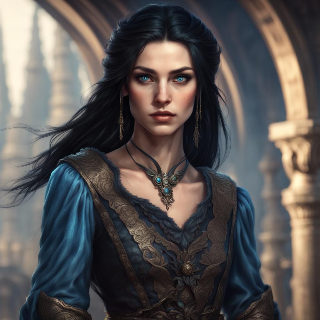 young half-elf female rogue with black hair and noble ladies dress ...