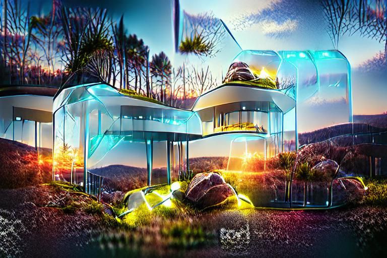 Futuristic Glass house on top of hill 8K 3D 8k resolution gl...