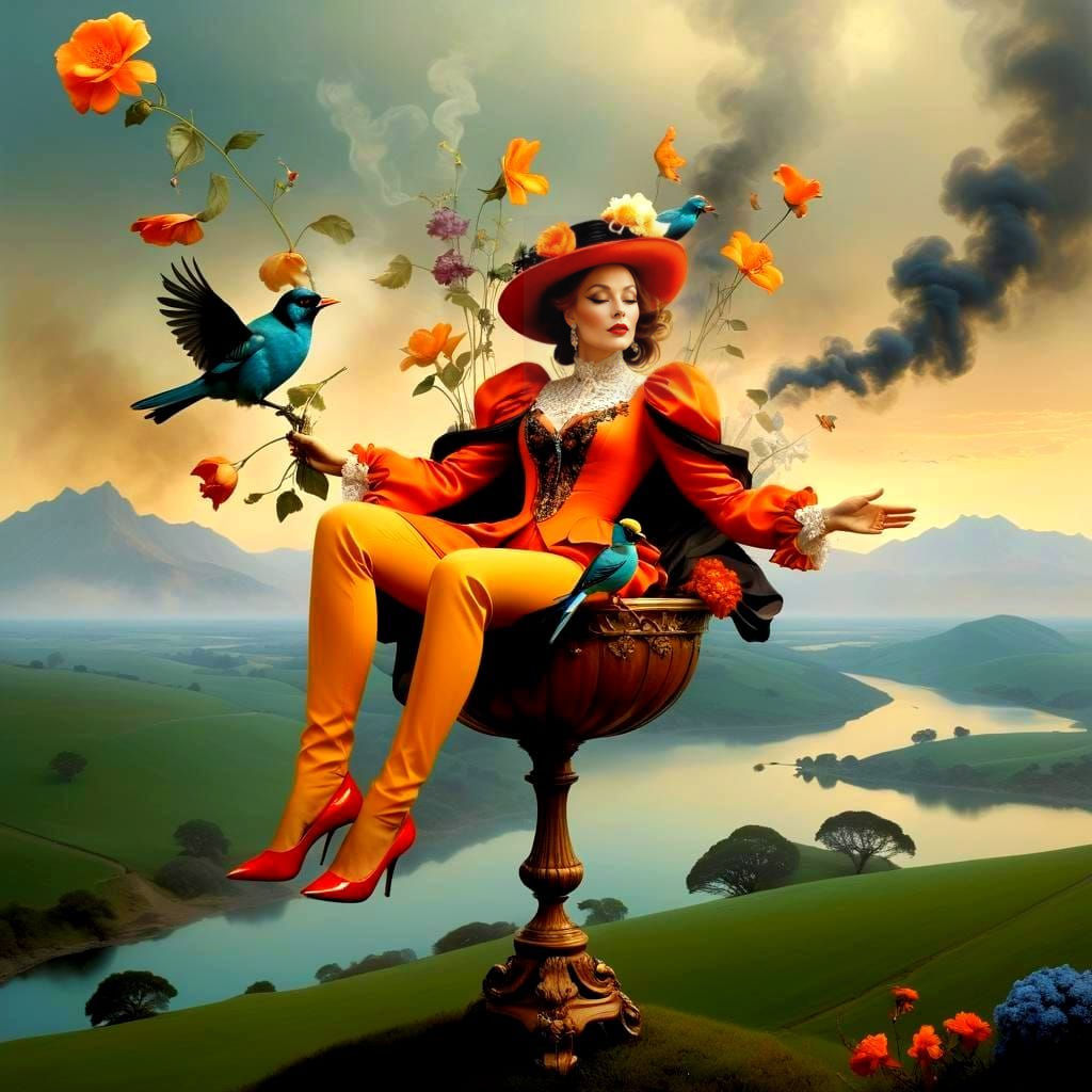 Surrealistic Portrait of a Happy Lady in a Fantastical Lands...
