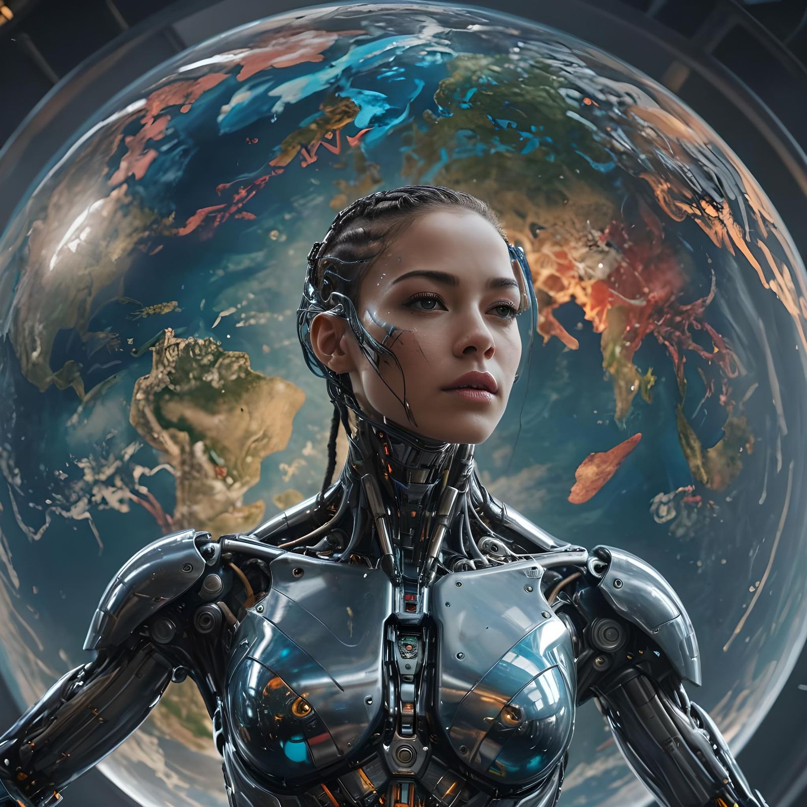 A female cyborg oversees the creation of the planet Earth encased ...