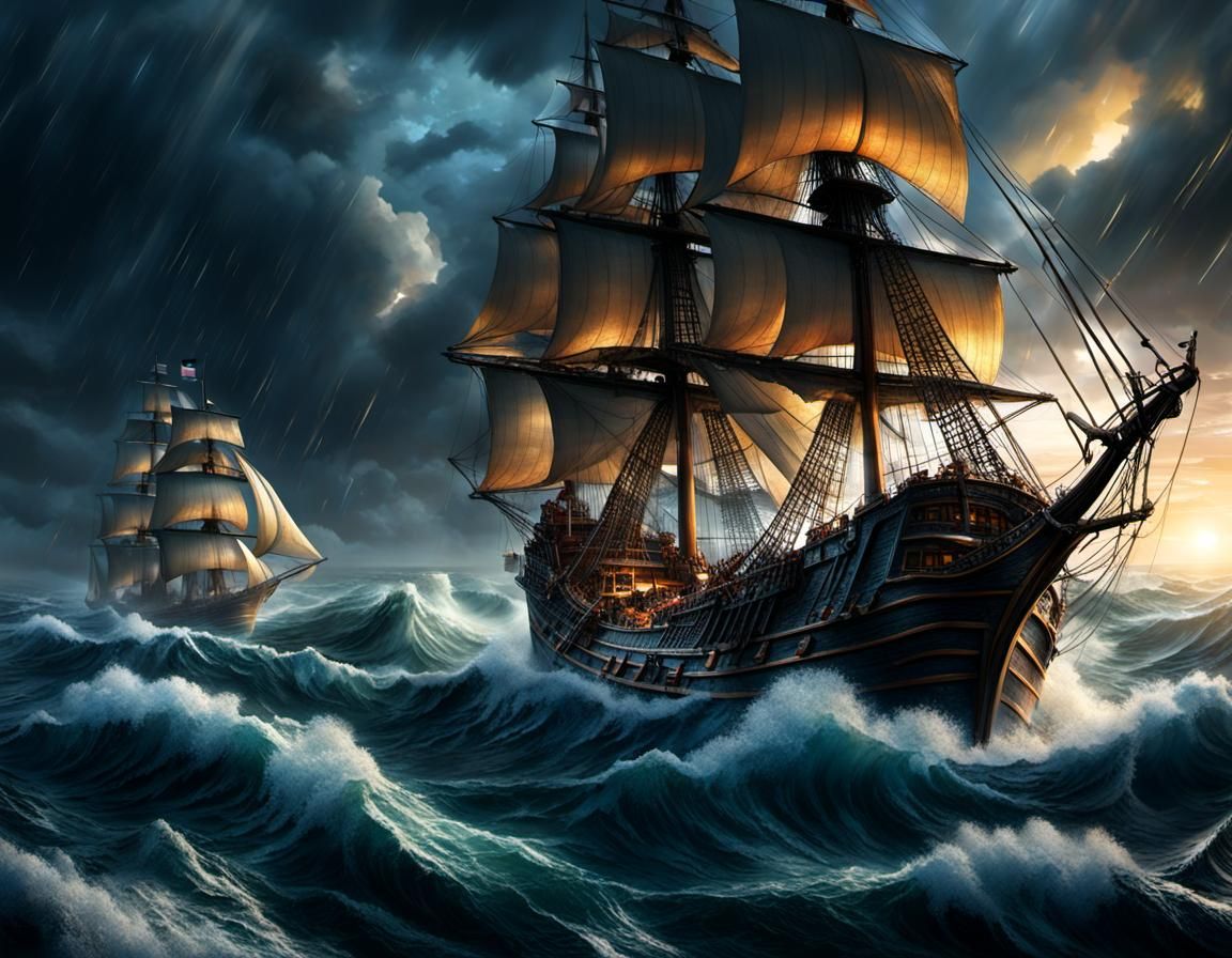 A wind tossed stormy sea with massive waves as tall as the s...