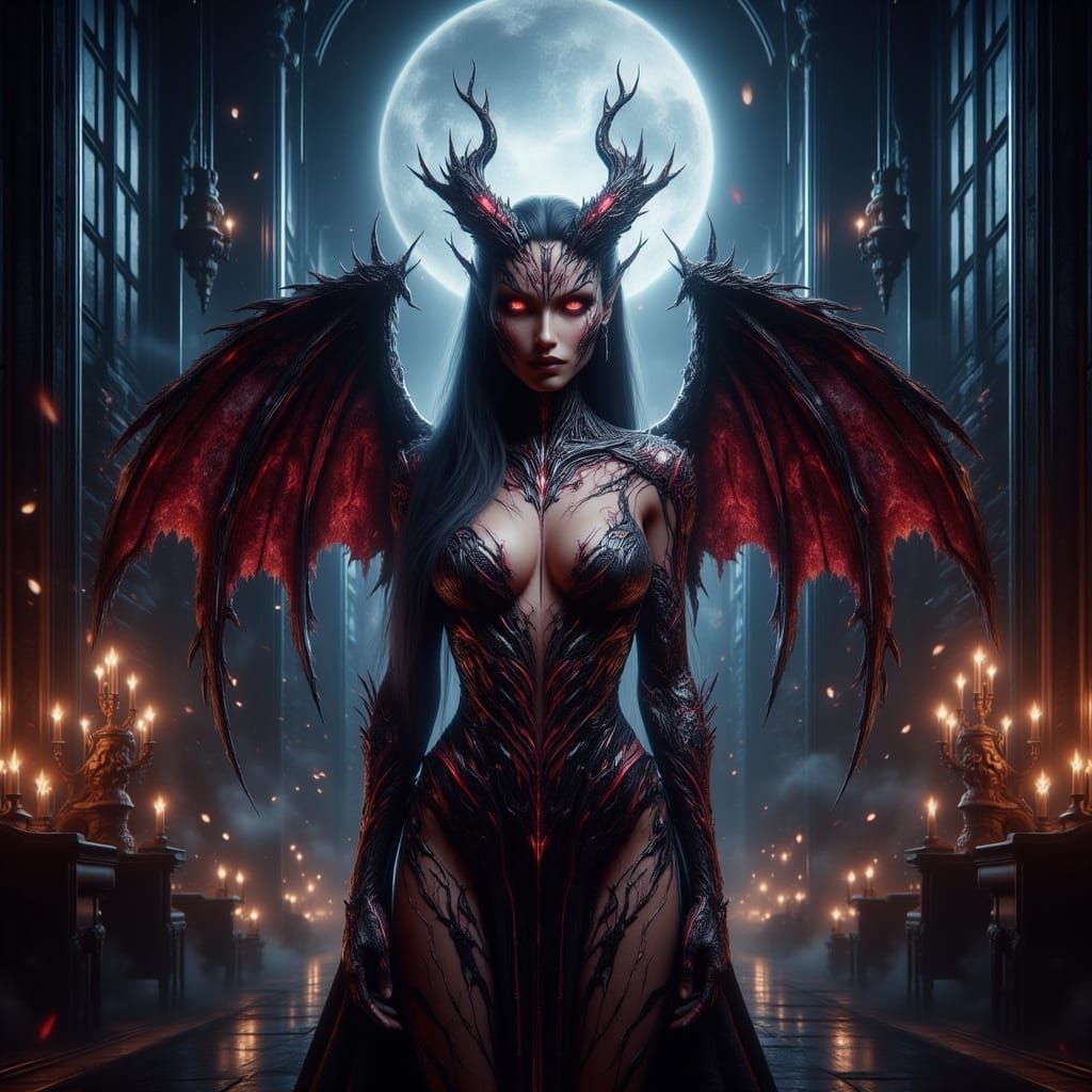 <lora:-Omnious-:1.0> (lora:dark fantasy:1.0) (Full body portrait, distant shot, dramatically lit:1.5) (She stands proudly in a luxurious con...