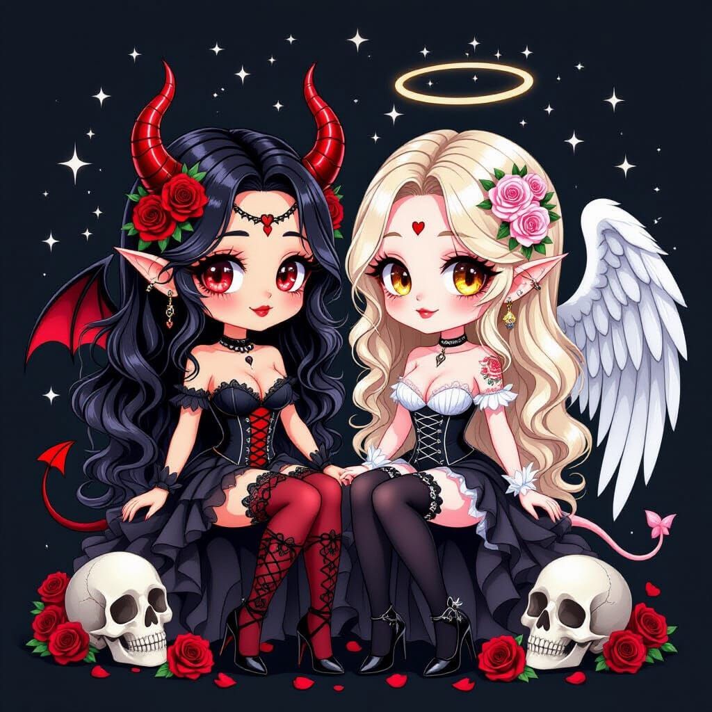 Gothic chibi fantasy art of a cute angel and demon duo sitting side by side. The demon girl has long black wavy hair, red horns, red eyes, s...